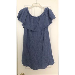off shoulder blue linen dress